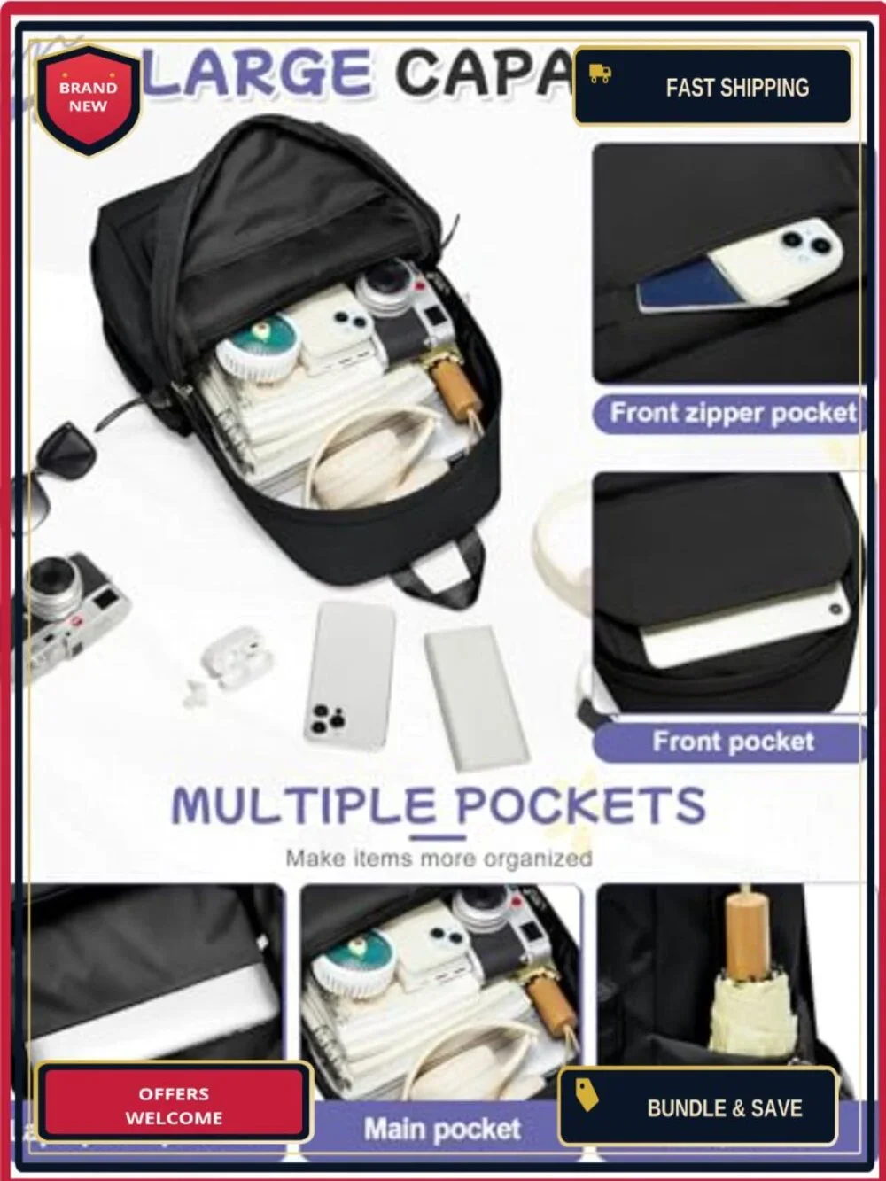 Water-Resistant Nylon Backpack with Laptop Compartment for School Travel